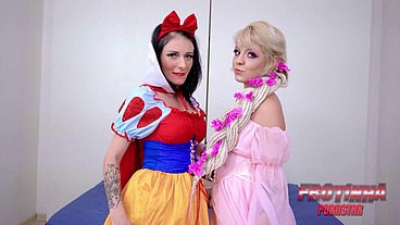 The beautiful Snow White and Fairy fuck the bearded man in several hot positions, including the ass