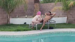 Tiny Trans Cutie Claire Gemini Sucks Huge Cock by the Pool
