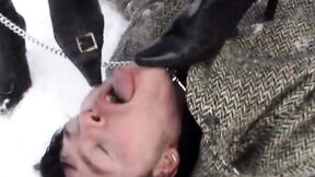 Leashed slave humiliated outdoors by two mistresses