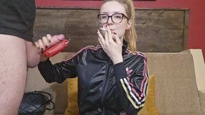 Slutwife in Shiny Adidas Smokes - Leather Cigarette Case Handjob & Cum on Leather