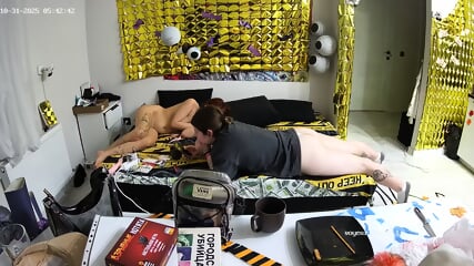 special candid bare feet and socks Living room camera at Draca reallifecam apartment at Voyeur House TV 31.10.2025 from 05 h 15 min to 07 h 04  min