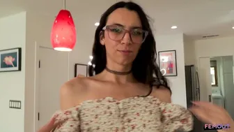 Cute Nerdy Brunette TGirl Camille Leon Masturbates Her Small Tits Cock
