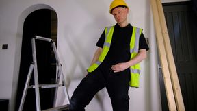 Workman strips naked and masturbates his uncut cock getting an erection wearing a hard hat