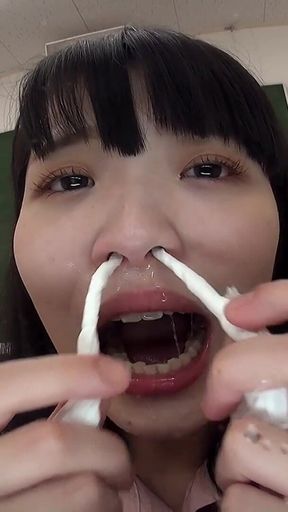 In the Empty Classroom, College Girl Soyo Higashiyama Covers the Lens with Snot After Sneezing, Then Licks It