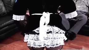 Dark-haired maid pleasured by two strong men