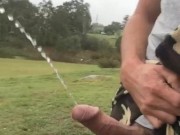 Aussie Pissing Outdoors While Rock Hard