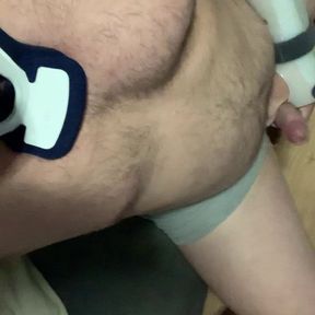 Fat man masturbating With splint and neckbrace