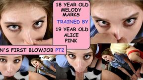 TEEN'S FIRST BLOWJOB Clip #2 Virgin Melody Marks handcuffed & trained by Alice Pink on how to deepthroat a dirty old man