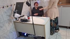 Female boss orders employee to take off his clothes and sucks his ass.