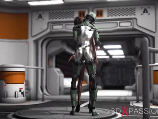 Sex on the exoplanet! Sci-fi android fucks hard a hot black gal in the base camp