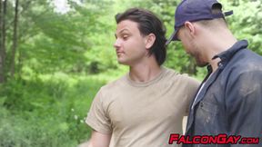 Arno Antino and Enzo Muller fuck bareback in woods with Felix Trainor
