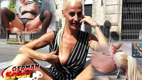 Sexy German mature Yelena Vera exposes her flexible floppy tits, gets a nasty public street bonk.