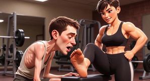 Strong Muscular Woman Makes Skinny Slave Lick Her Feet
