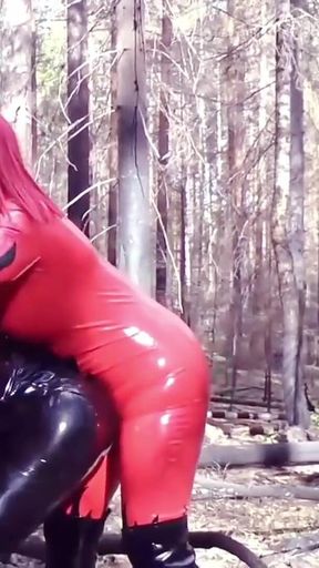 Femdom Humiliation Outdoor: Latex Mistress and Rubber Submissive