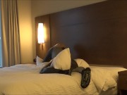 silicone masked wetsuited guy gets horny at hotel window and humps his pillows