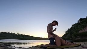 MILF blonde rides and sucks big cock on paragliding platform