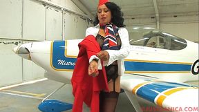 British air hostess shows off big tits in sexy uniform and stockings
