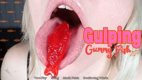 Gulping Gummy Fish - HD - The Goddess Clue, Swallowing Candy Fish Whole, No Chewing, Talking With Mouth Full, Gulping, Drooling, Eating, Wet Tongue, Spit Strings