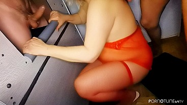 Red Cat & Blond Cat milking strangers dick at Gloryhole - Double Blowjob