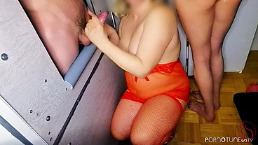 Red Cat & Blond Cat milking strangers dick at Gloryhole - Double Blowjob