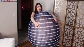 Huge Balloon Belly Inflating and Popping In Blue and White Striped Dress
