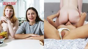 Bonnie kitchen chat then lesbian face-sitting on grey bed