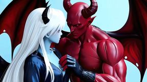 Blue Devil Minx gives perfect blowjob to Red Devil Man in wild 3P cartoon fantasy