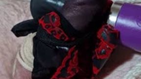 Miss M uses stockings and wand on naked man tied in futomomo bondage