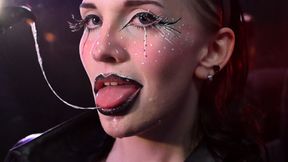 Goth TGirl depththroats and drools on her own hand