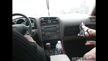 Slutty blonde is getting banged in the car, after giving a blowjob to a random stranger