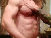 Muscle stud posing and jerking big dick