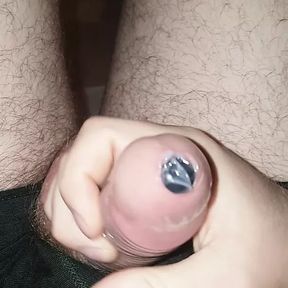 Deep urethral sounding, 30cm, cum with blocked pee hole in condom, close-up, vertical video for mobile viewers