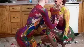Tattooed redheads Indigo and Lavender receive erotic with paint