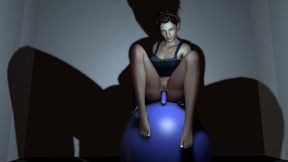 riding a ball with a plastic cock in the ass