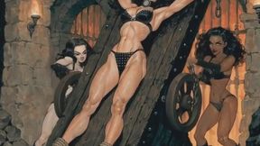 Slave bitch in black bikini with arms and legs stretched on the rack in bdsm bondage session for you to watch her struggle and sweat for your pleasure