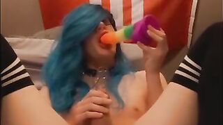 blue haired crossdresser disrobes and have fun with her sissy love button until she blows a load