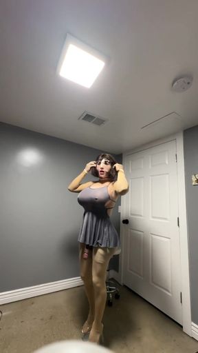 Key moment from "Wearing a sexy mini gray dress. Big cock teasing huge ass and tits"