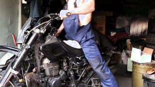 A Russian MECHANIC repairs a MOTORBIKE in the garage and gets thrilled and PORKS a silicone backside