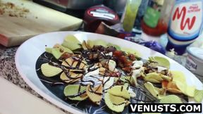 Asian ladyboy's culinary cumshot after masturbation