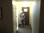 zentai skeleton jerk off at hotel room window and then room door