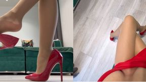 Tapping and cross legs with red heels and nylon pantyhose 20 den
