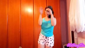 Shy Latina teen strips and shows off big tits and ass