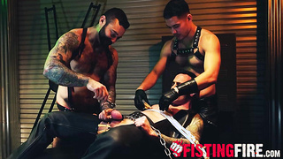 Derek Kage takes a huge cock in his mouth and extremely ass fucked by two hunks