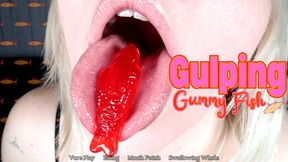 Gulping Gummy Fish - HD - Swallowing Candy Fish Whole, No Chewing, Talking With Mouth Full, Gulping, Drooling, Eating, Wet Tongue, Spit Strings