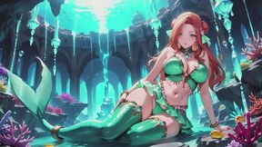 Redhead Mermaid Fantasy! From underwater palace to sun-drenched bedroom, she's naked with black lace stockings kneeling on purple sheets. Fingers to lips for silence... can you handle this lazy yet shy contrast?