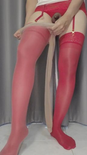 Sissykanisa's Lingerie Collection Ep20 Part2: Red Shiny Stocking with Pantyhose on Top