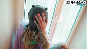 Tattooed masked hottie gets railed in the ass, cum dripping from her messy pussy