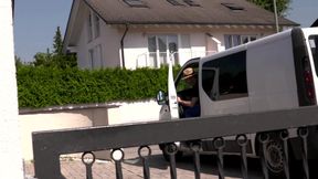 Sexy blonde with nice pussy gets fucked by the car in the garage