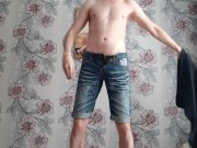 Russian sports guy jerks off a huge cock in jeans and cums a lot