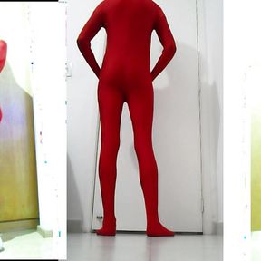 Fun At Home Wearing a Red Zentai Costume Part 2